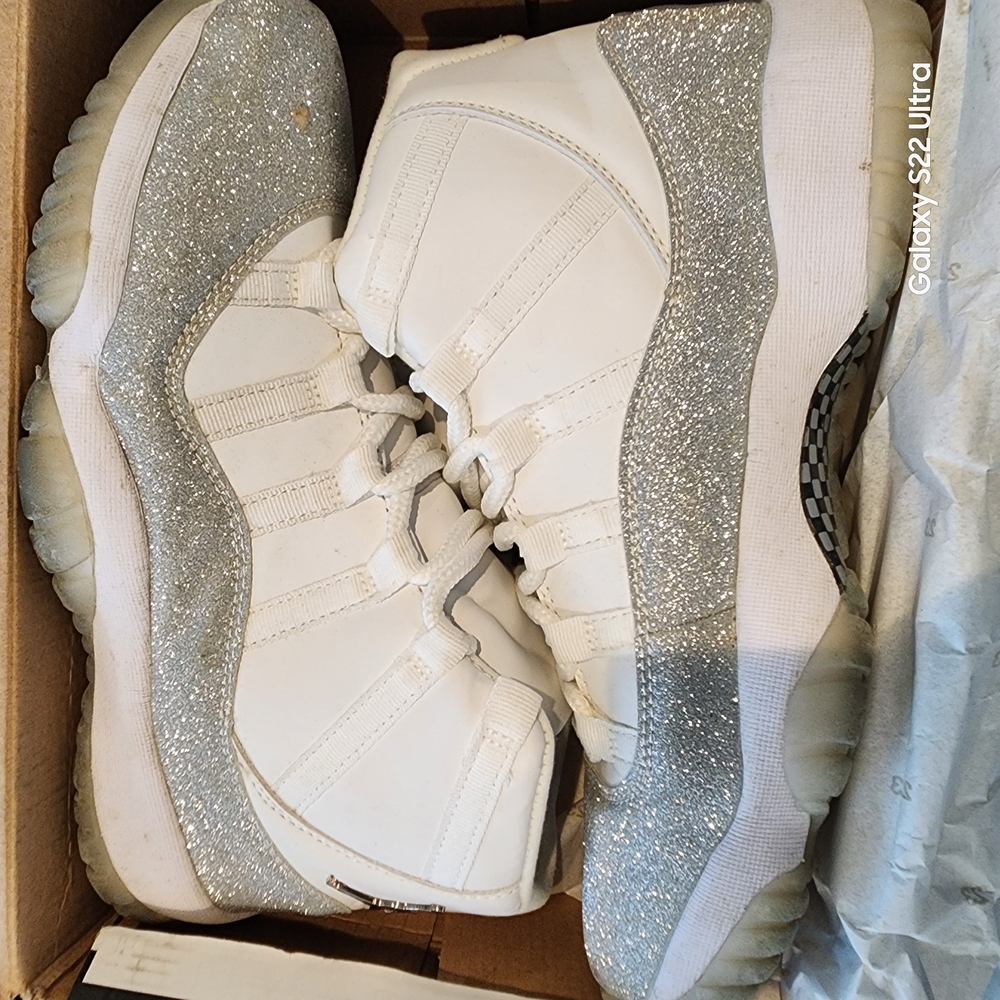 Air Jordan 11 Retro White and Silver Sneakers with Glitter Accents